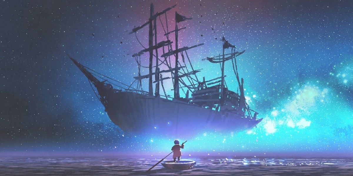 Dungeons and Dragons Person Sailing A Small Boat Looking At Floating Galleon Ship In The Sky At Night