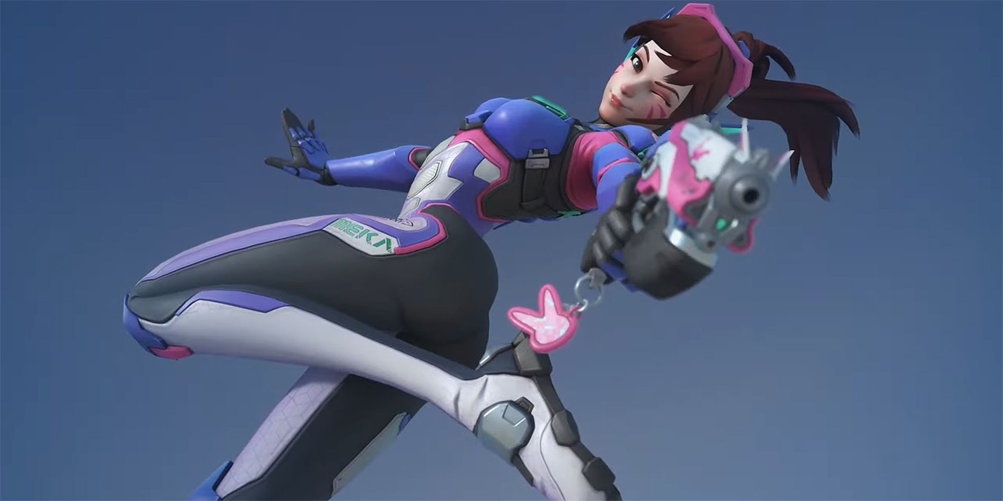 d.va launching into air and aiming her pistol in highlight intro