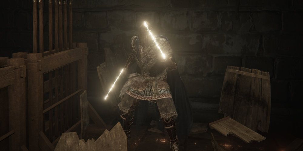 The player with two glowing beams of runes, the cipher pata, equipped.