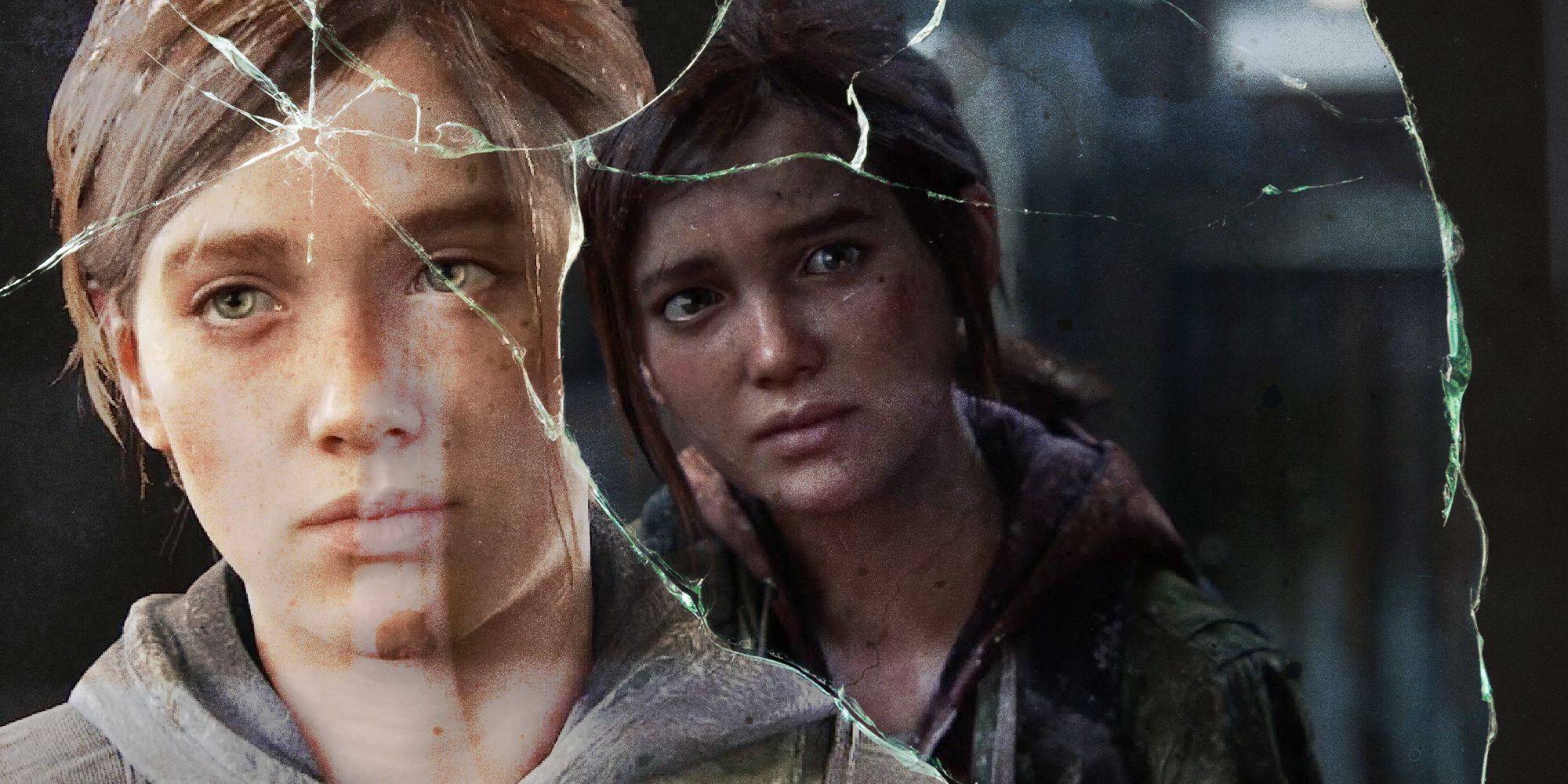 Ellie in TLOU2 and Ellie in TLOU with shattered glass over the image.