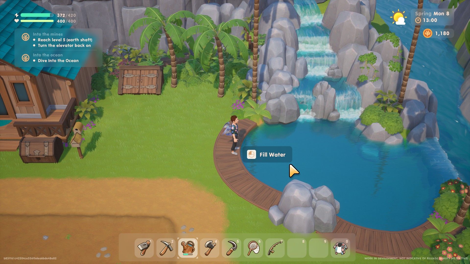 The farmer refills his watering can at a nearby pond in Coral Island