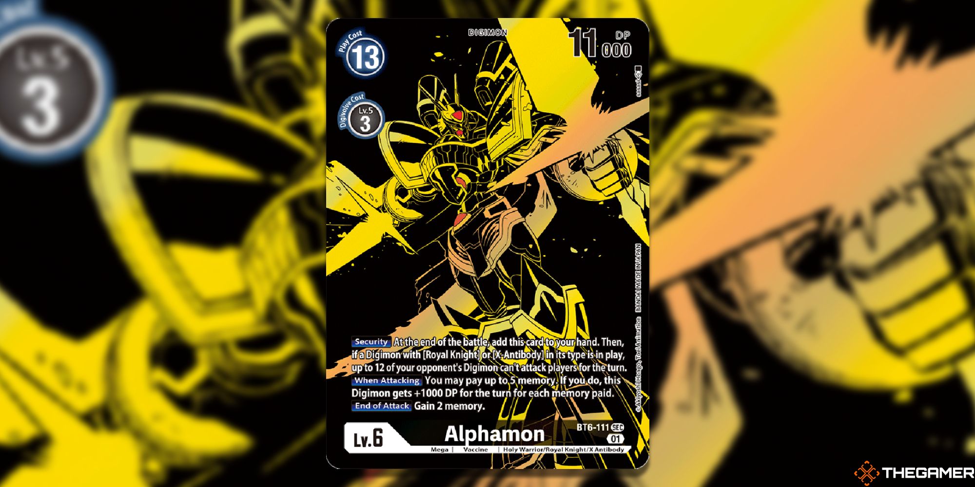 ghost rare alphamon card from digimon card game with blur background