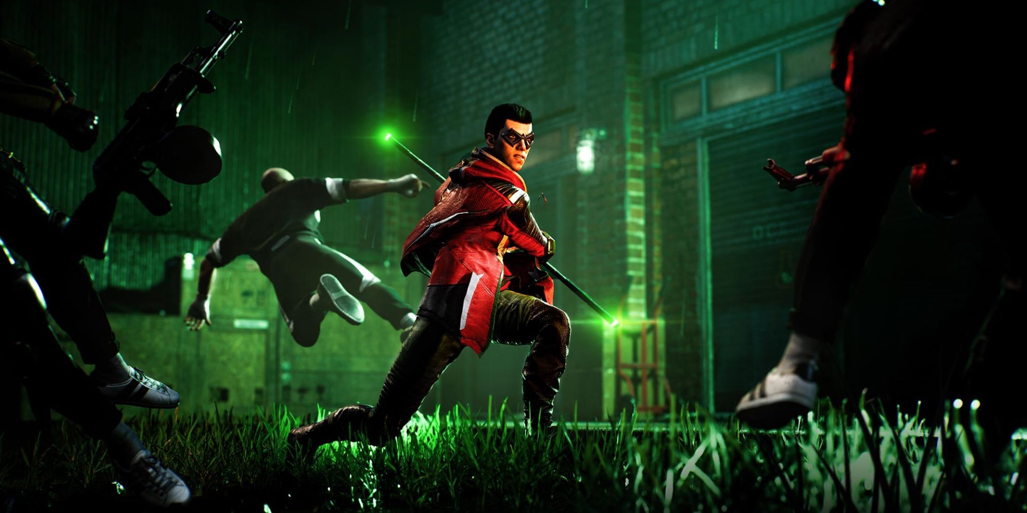 gotham knights robin attacking a group of enemies