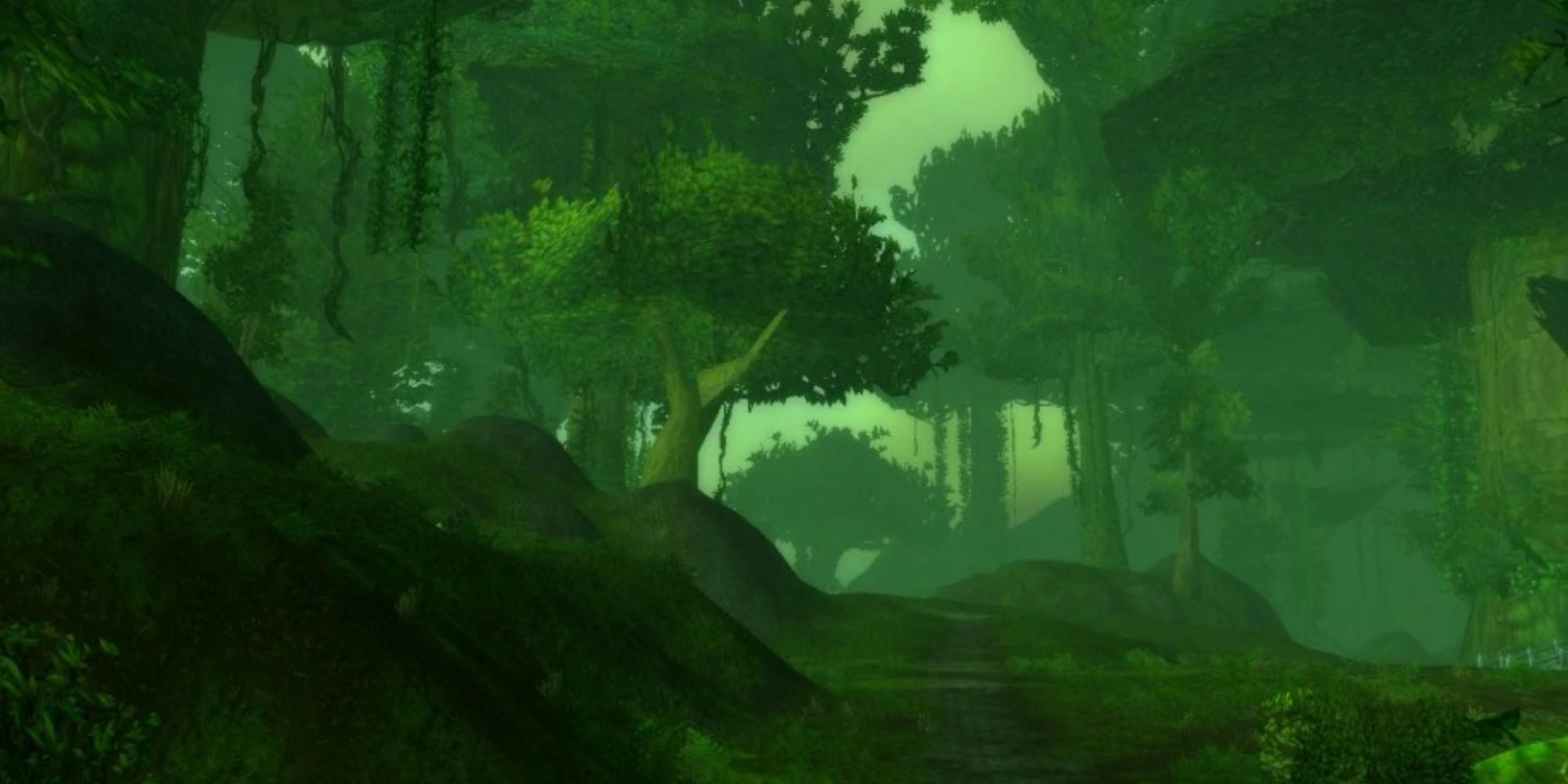 Inland road in interior Feralas with trees and forest from WoW Classic.