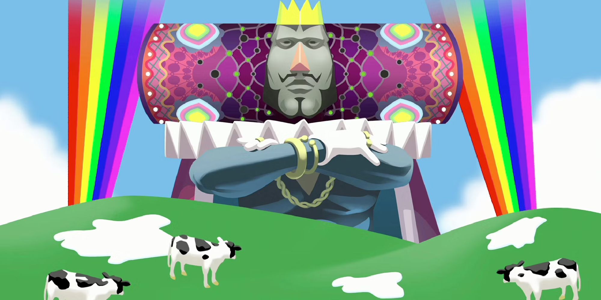 The King of All Cosmos looking over a field of cows in Katamari Damacy