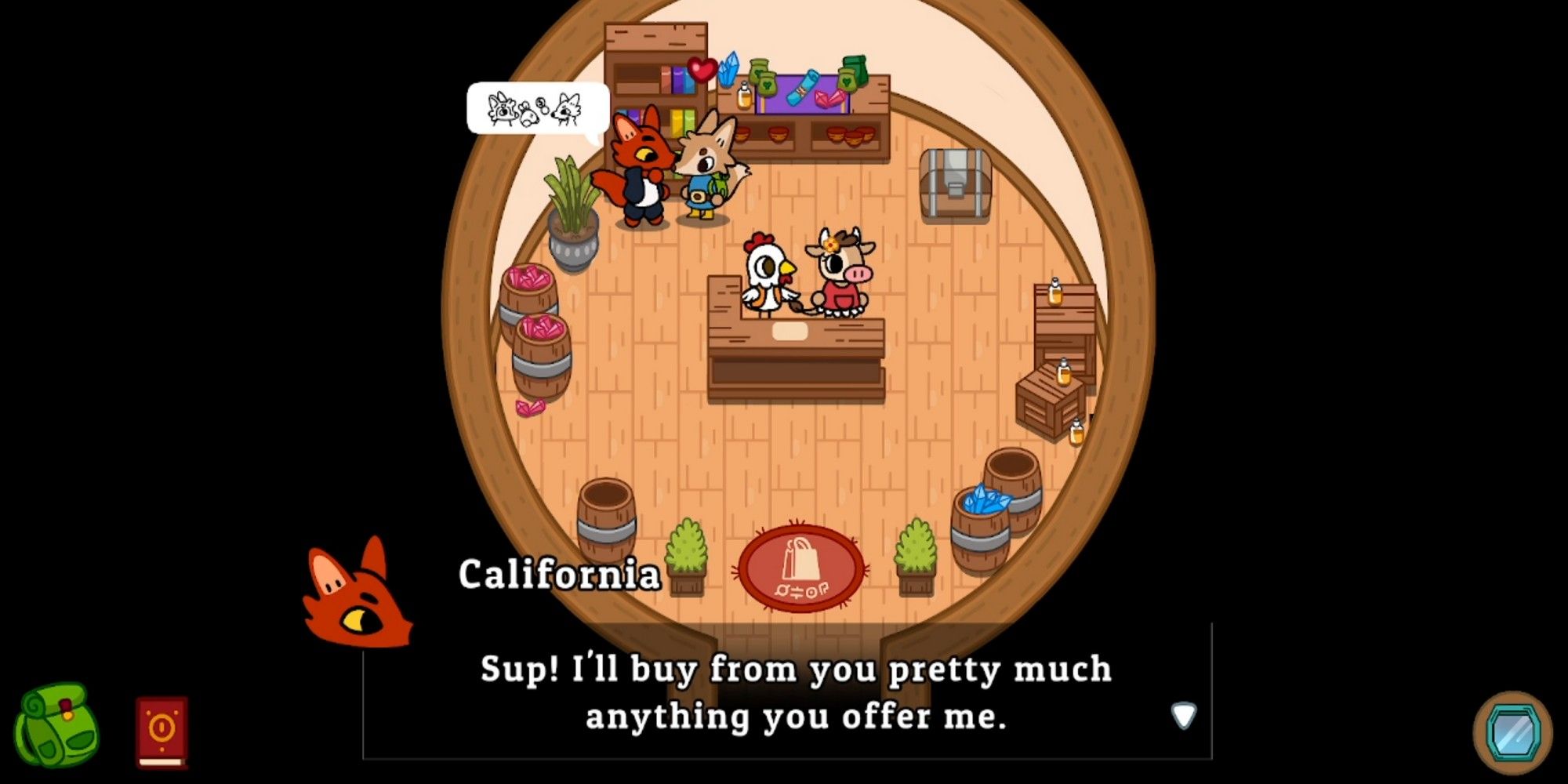 ken talking to california in the shop to sell items in lonesome village
