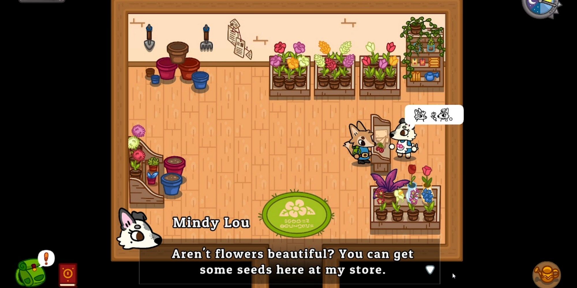 ken talking to mindy lou about flowers in her store lonesome village