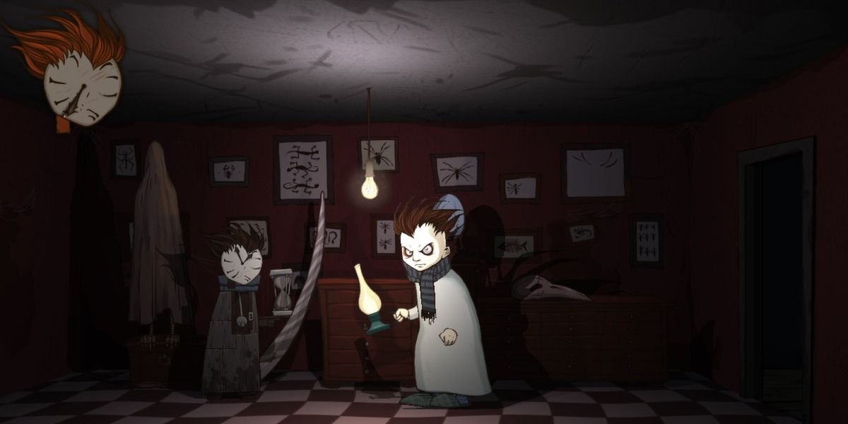 Knock-Knock screenshot showing The Ledger in a lit room with a strange clock.