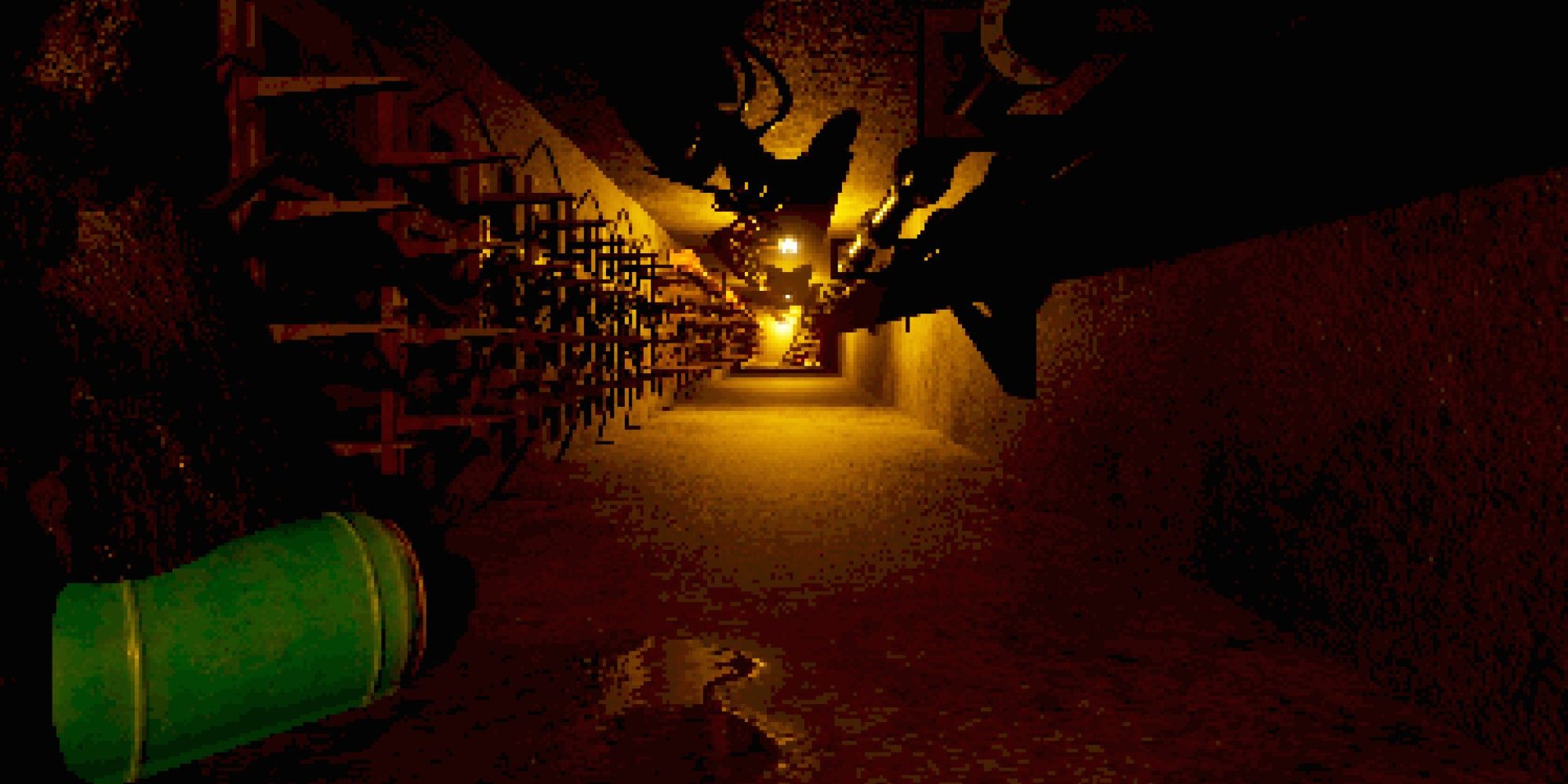 Liquidators screenshot of long, dimly-lit corridor.