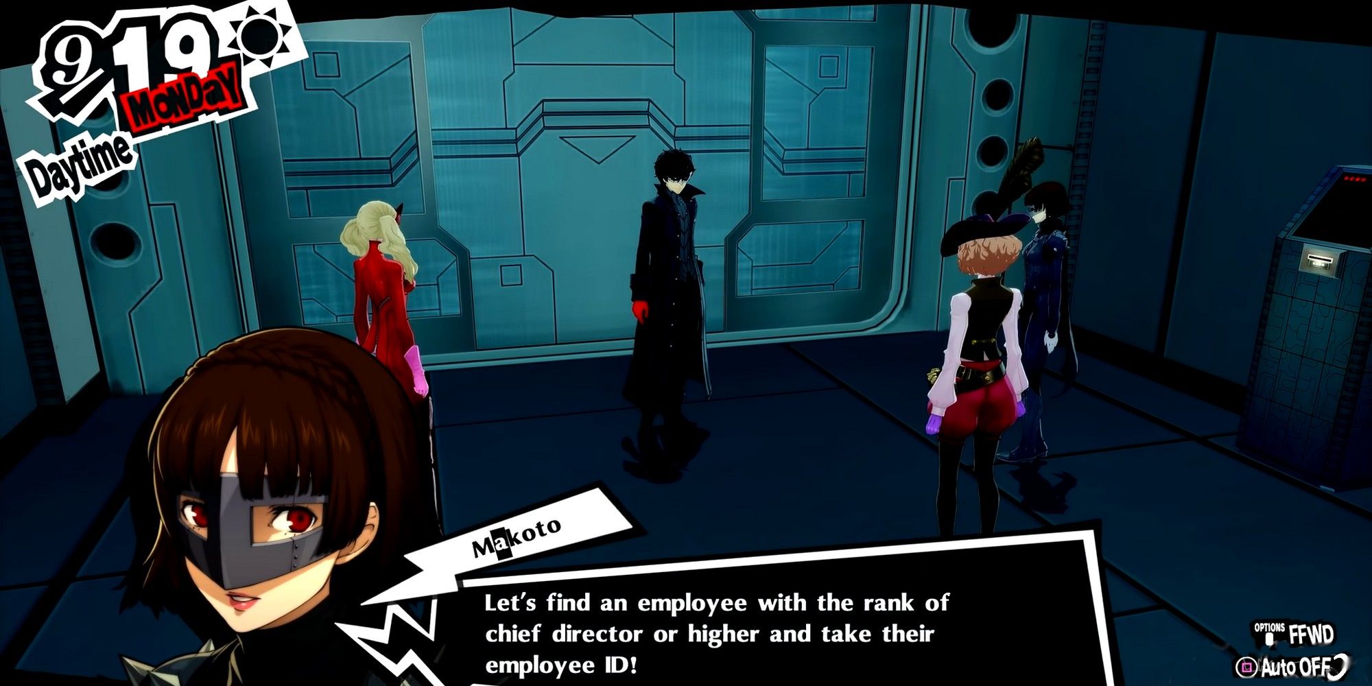 makoto telling the group how to proceed through the first area stealing ids