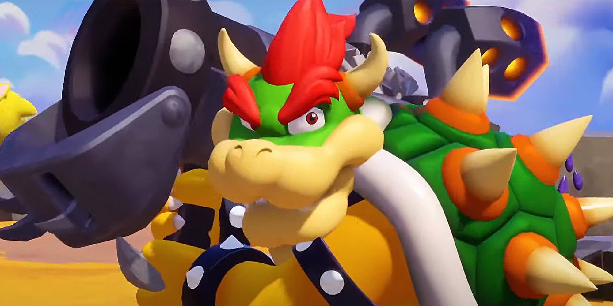 Bowser holding is Bowzooka weapon in Mario + Rabbids Sparks Of Hope