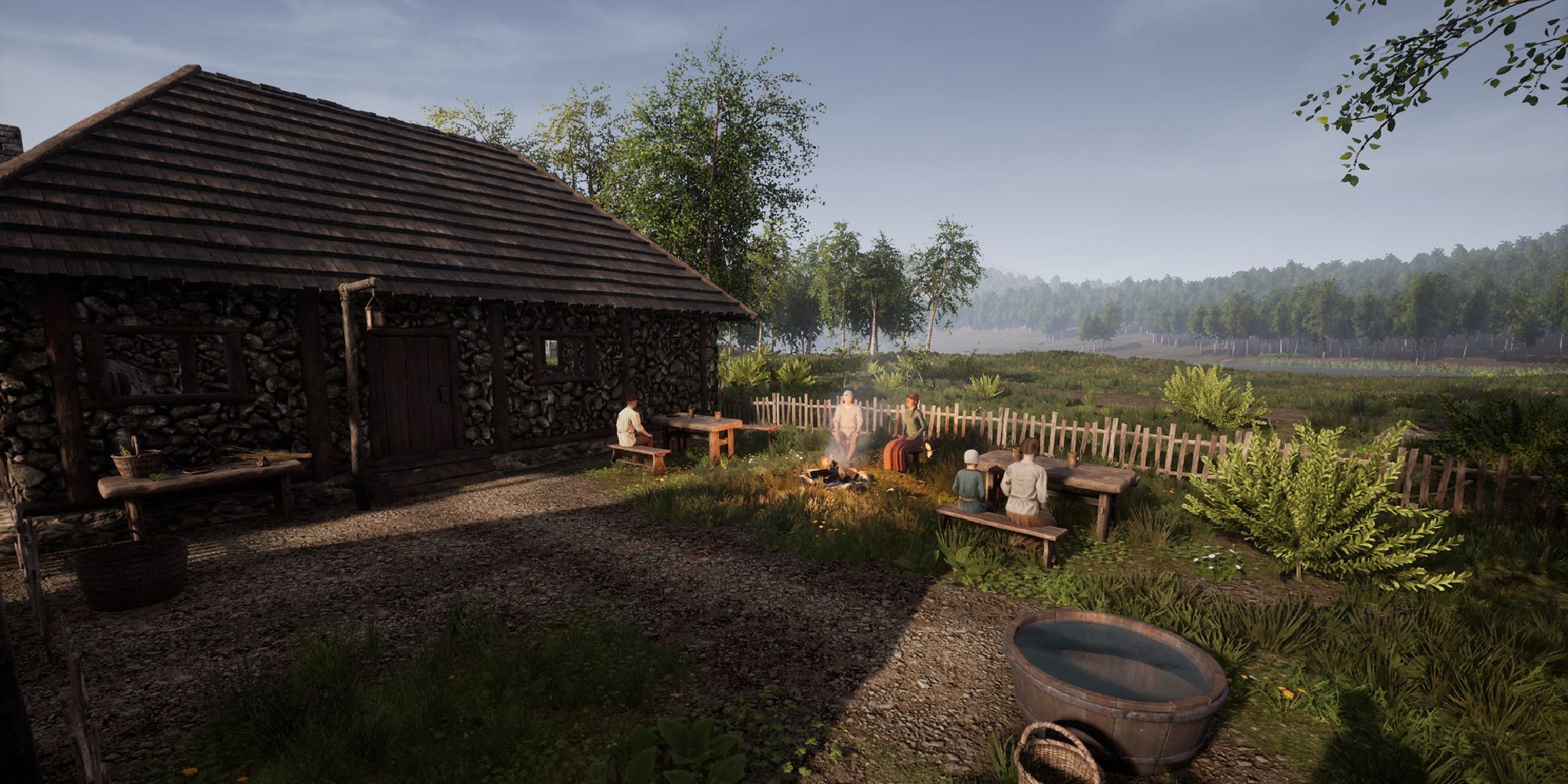 villagers sitting outside of a house at a bench with table