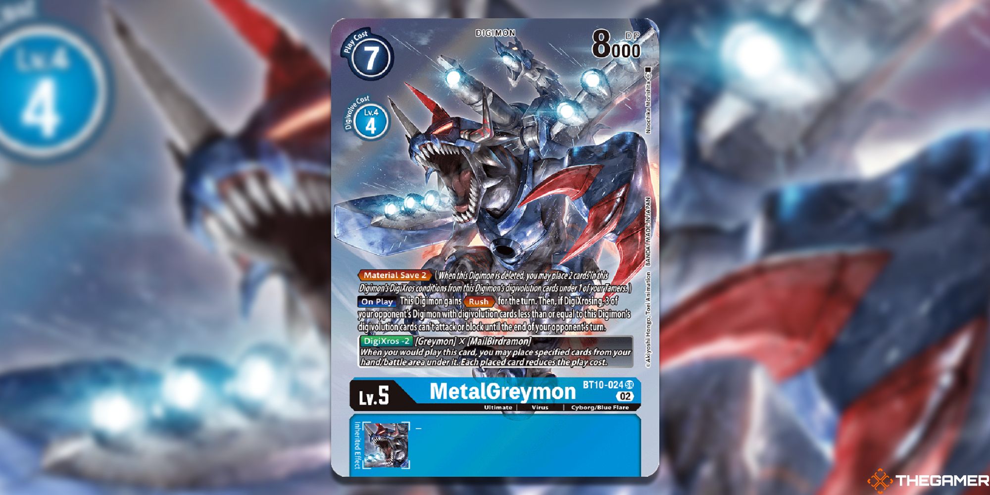 metalgreymon alt card from digimon card game with blur background