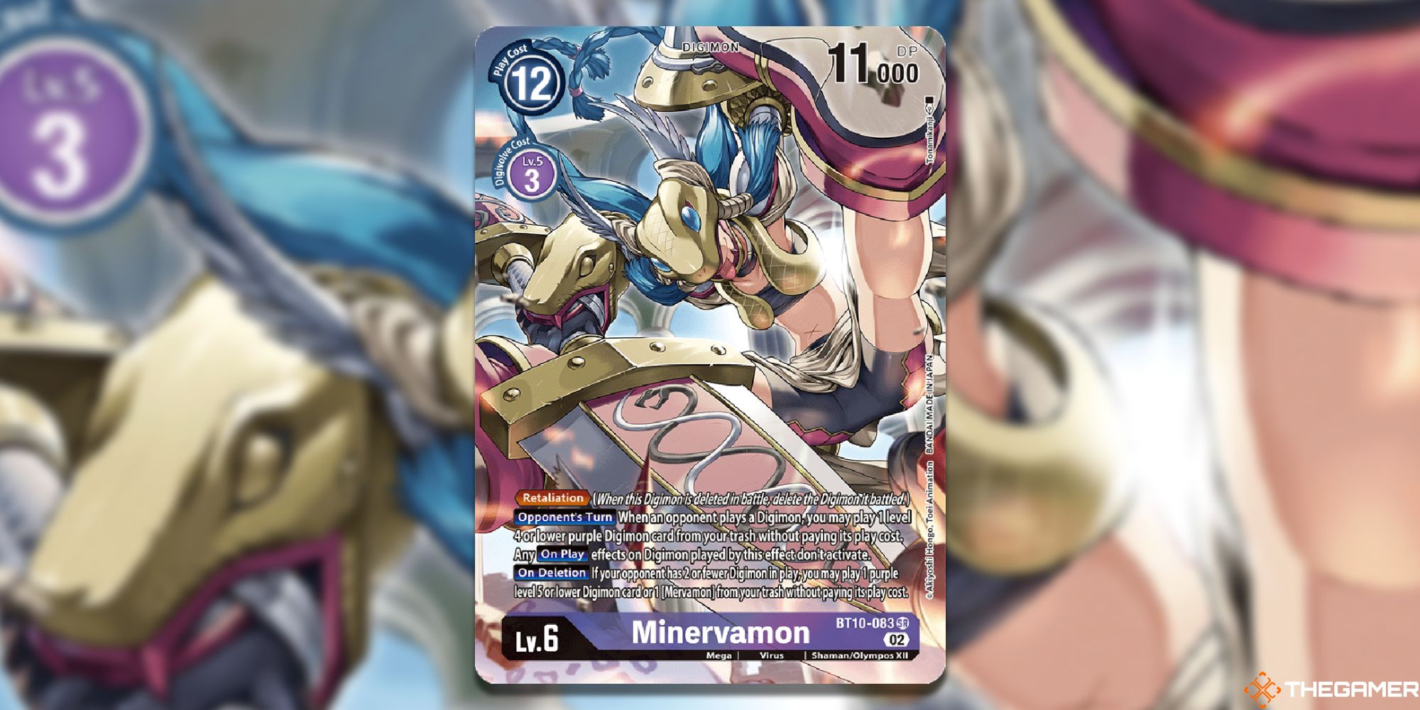 minervamon alt  card from digimon card game with blur background