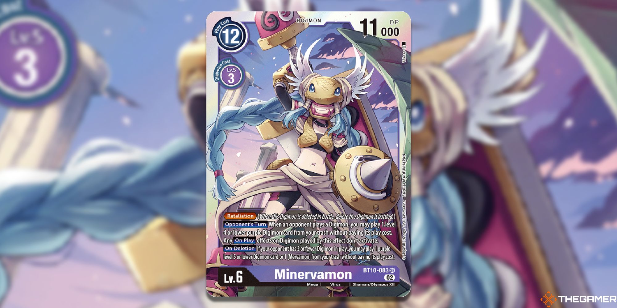 minervamon card from digimon card game with blur background