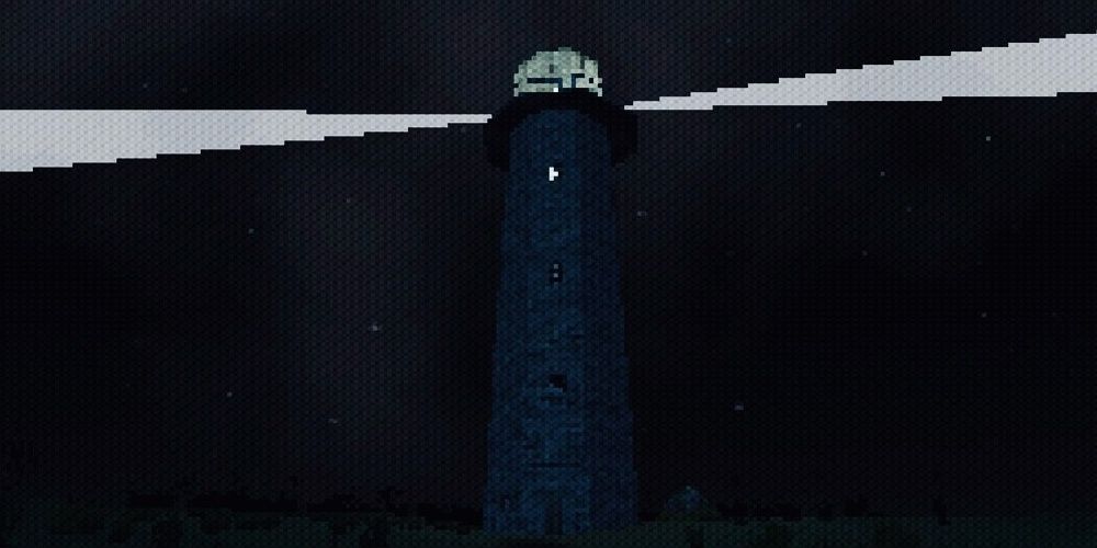 Screenshot of a lighthouse in front of a night sky, with PS1 style graphics