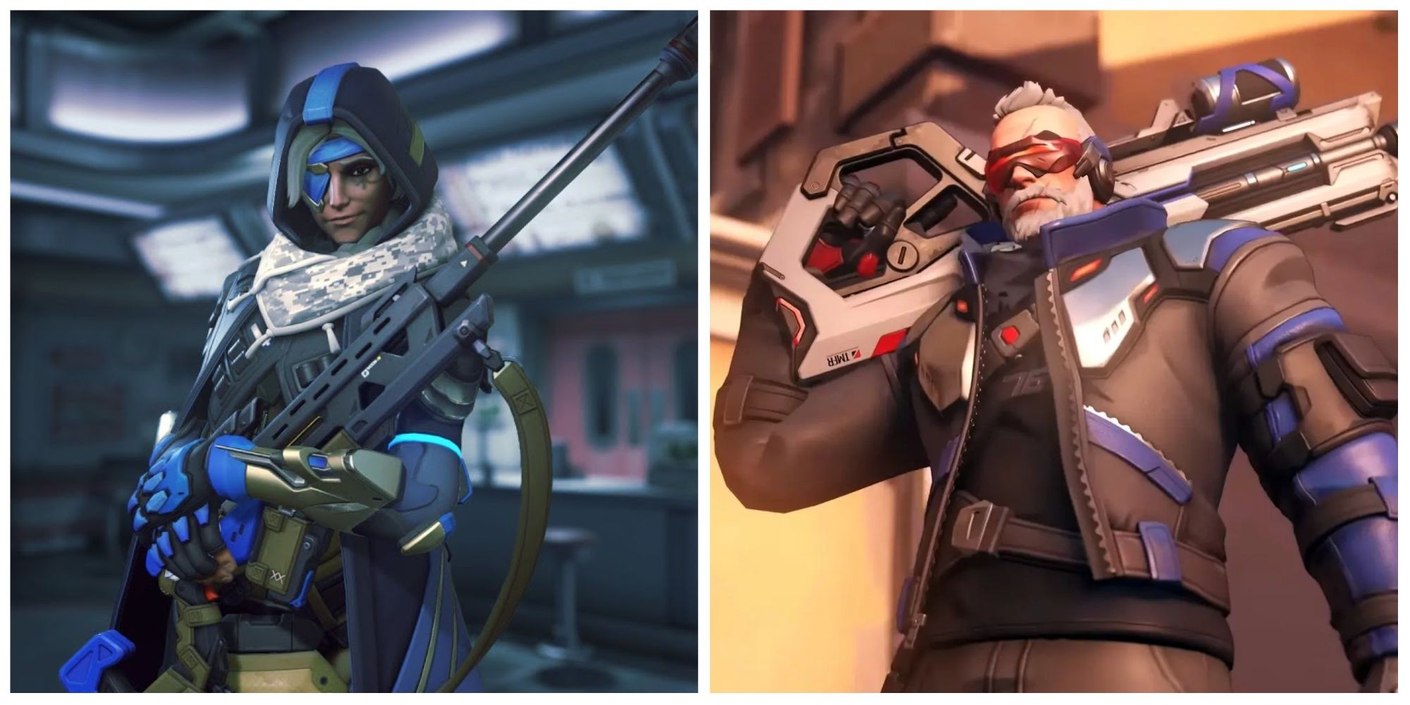 Overwatch 2 screenshot of characters Ana (left) and Soldier 76 (right)