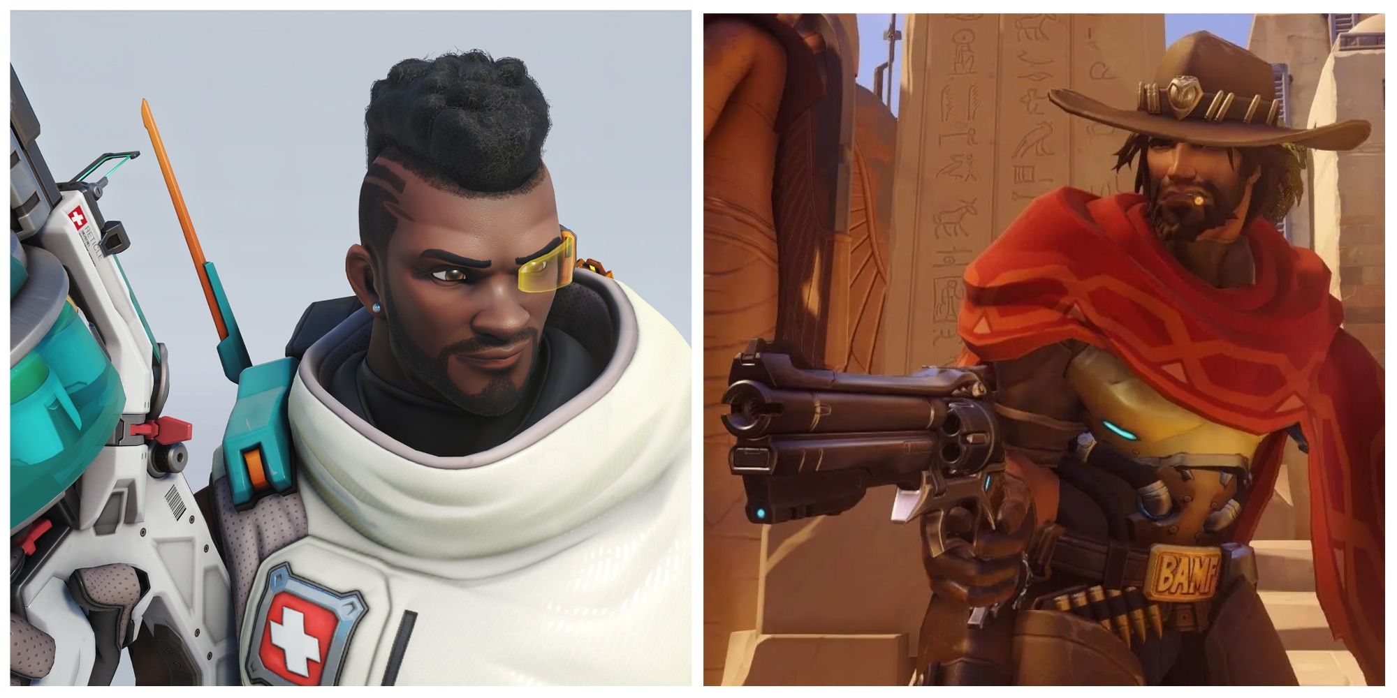Overwatch 2 screenshot of characters Baptiste (left) and Cole Cassidy (right)