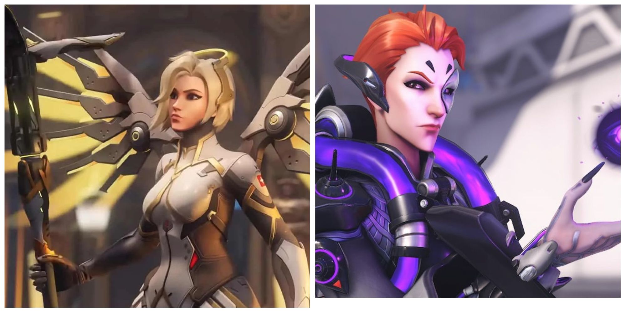 Overwatch 2 screenshot of characters Mercy (left) and Moira (right)