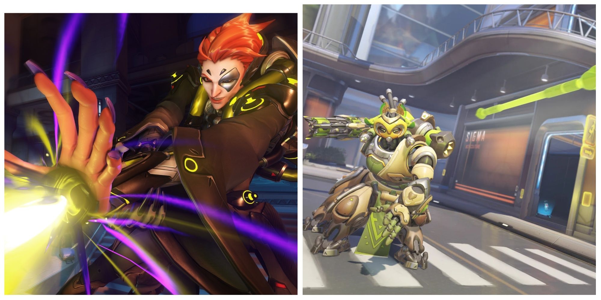 Overwatch 2 screenshot of characters Moira using her ultimate attack (left) and Orisa throwing a spear (right)