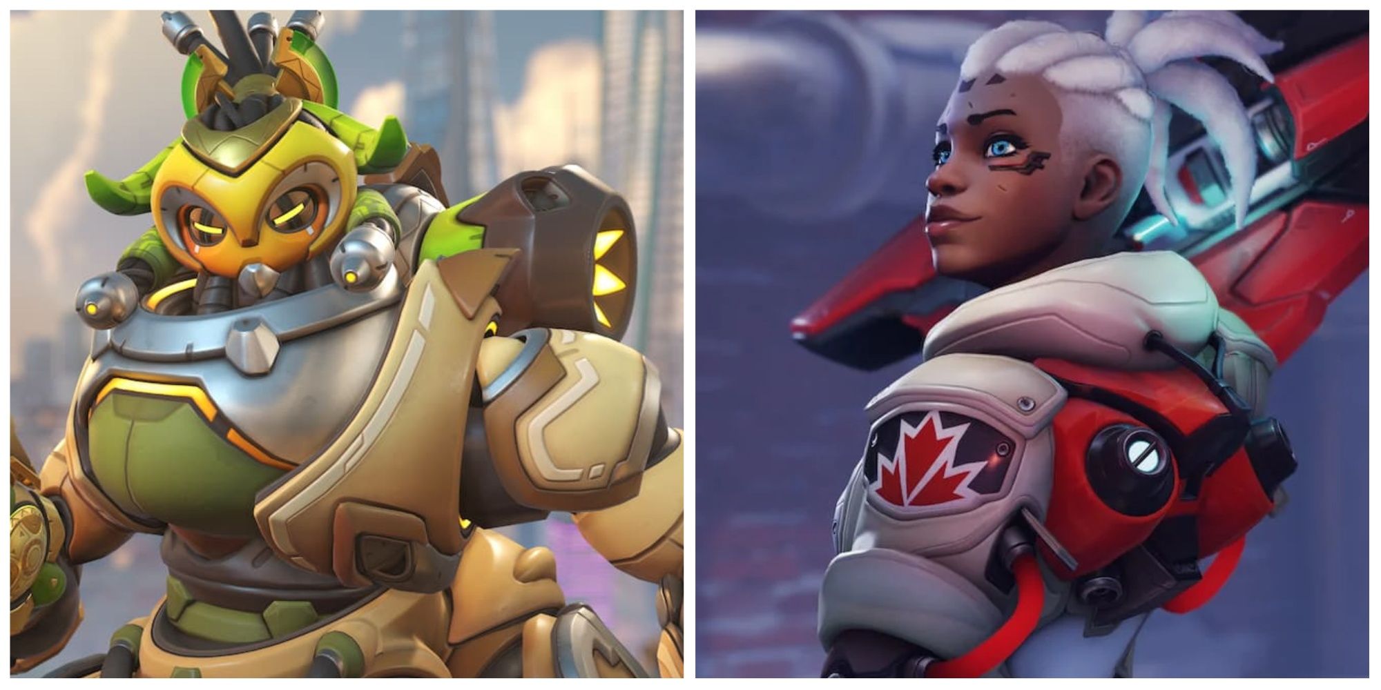 Overwatch 2 screenshot of characters Orisa (left) and Sojourn (right)
