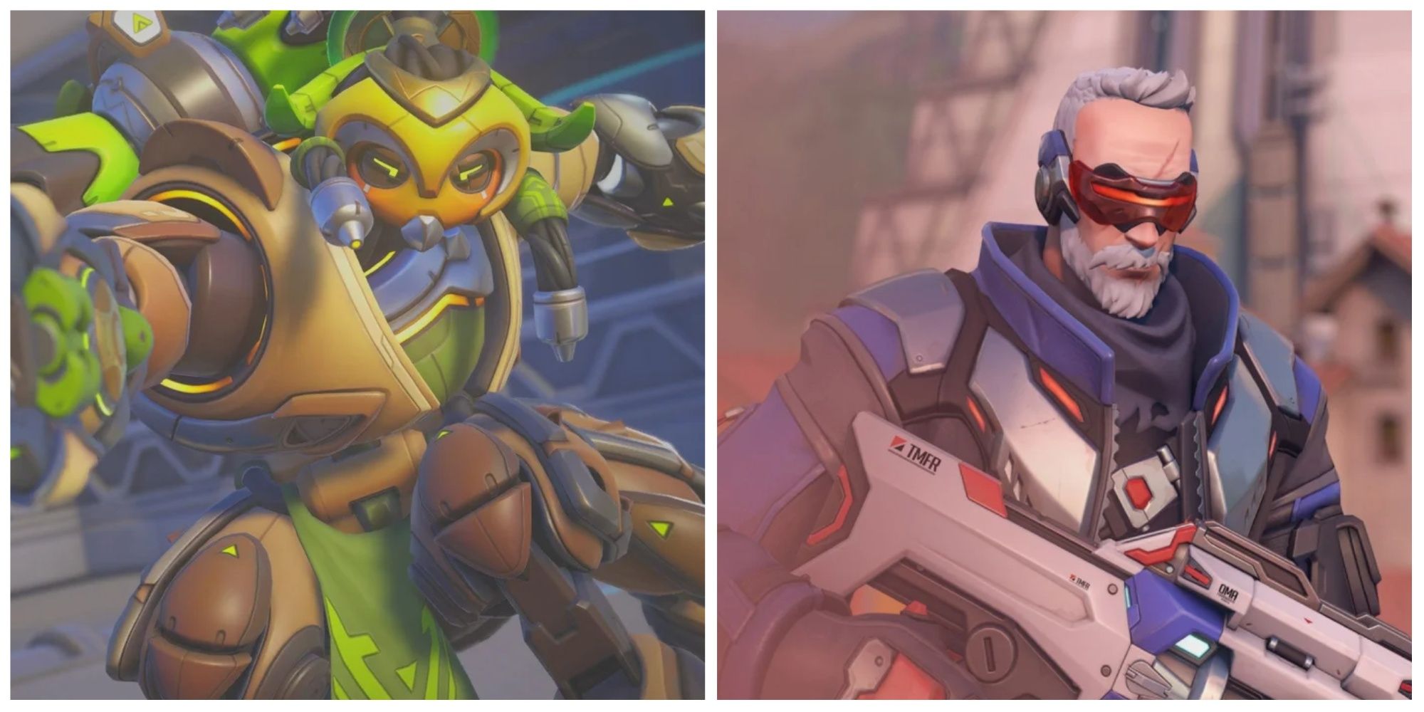 Overwatch 2 screenshot of Orisa firing (left) and Soldier 76 (right)
