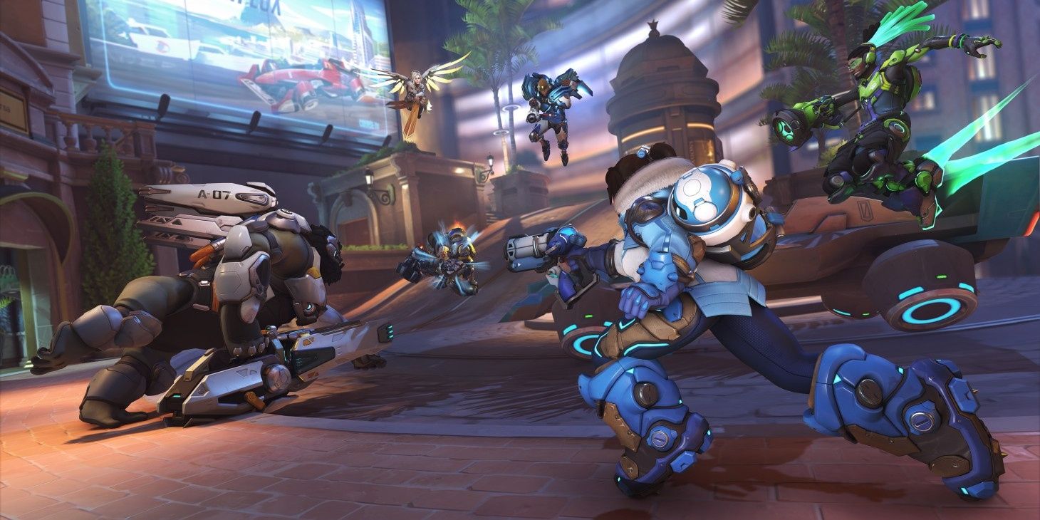 many heroes from the game overwatch engage in a battle