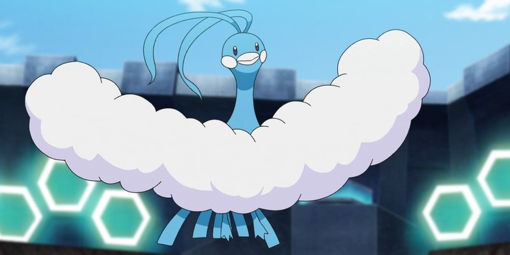 Altaria spreading its wings in the Pokemon Anime.