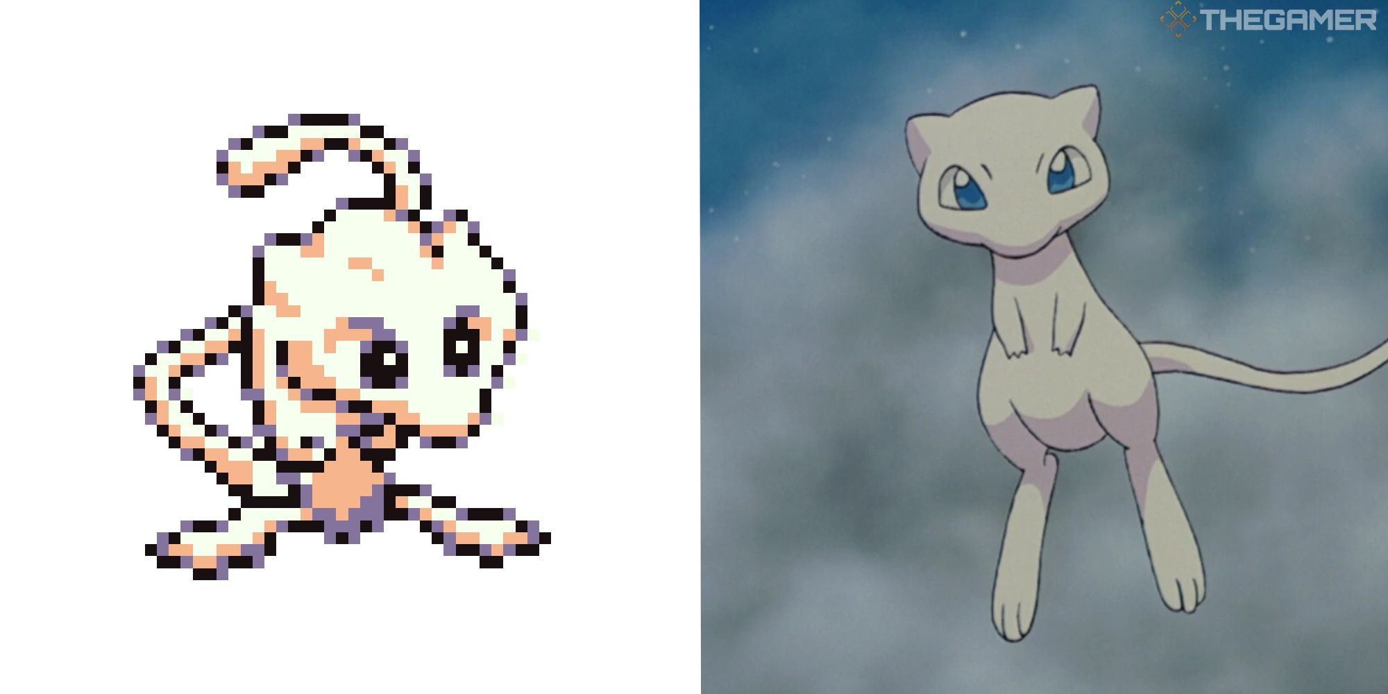 creepy mew sprite next to image of mew from anime