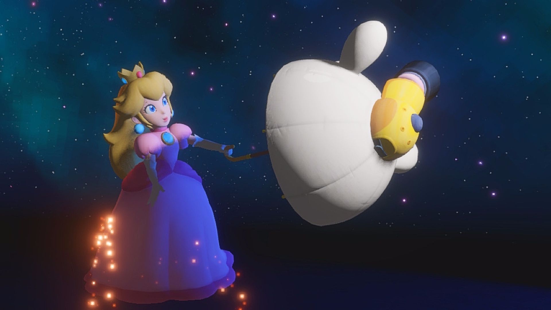 princess peach uses her boombrella whilst floating in front of a galaxy backdrop in Mario + Rabbids Sparks Of Hope