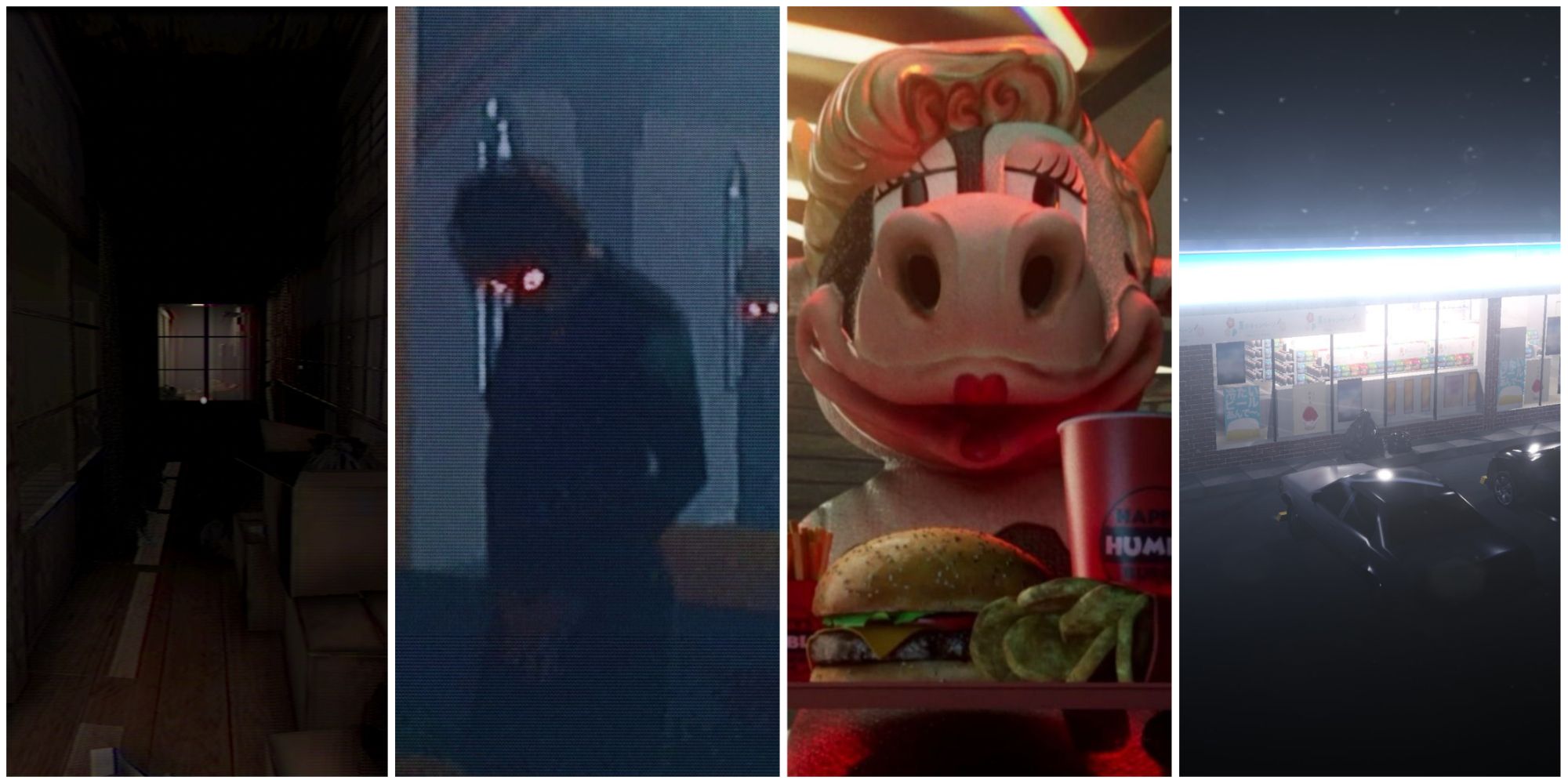 collage featuring a corridor from The Caregiver, the funeral in The Fridge Is Red, a mascot from Happy's Humble Burger Farm and the store from The Convenience Store.