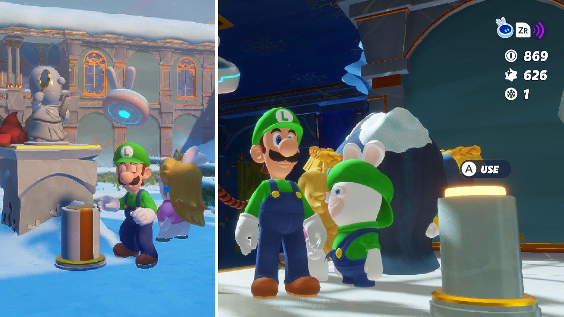 The heroes standing by the two buttons they need to push to activate the statues in Mario + Rabbids Sparks of Hope