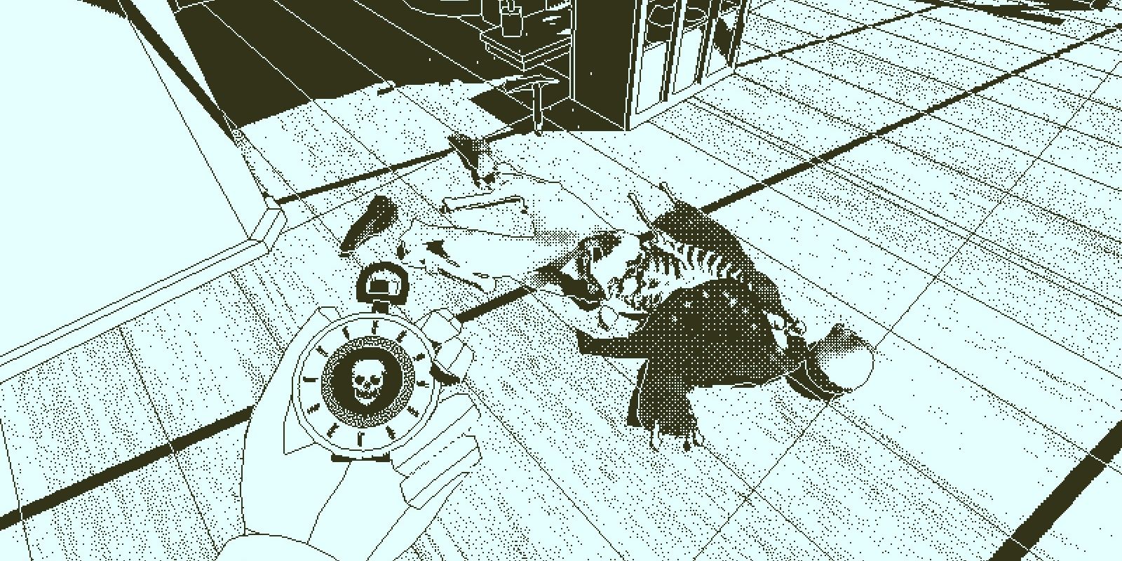 Return Of The Obra Dinn screenshot showing a skeletal body on the deck, still wearing clothing.