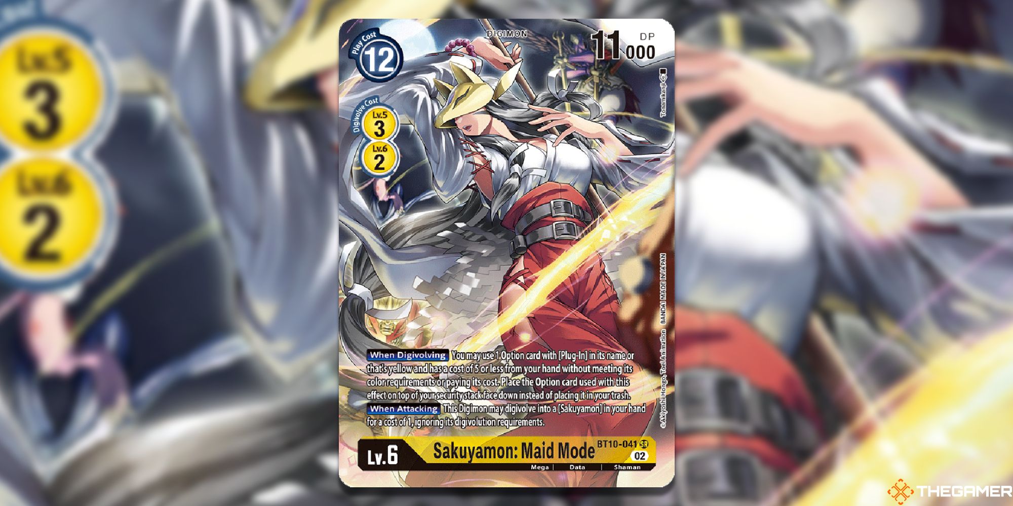 sakuyamon maid mode alt art  card from digimon card game with blur background