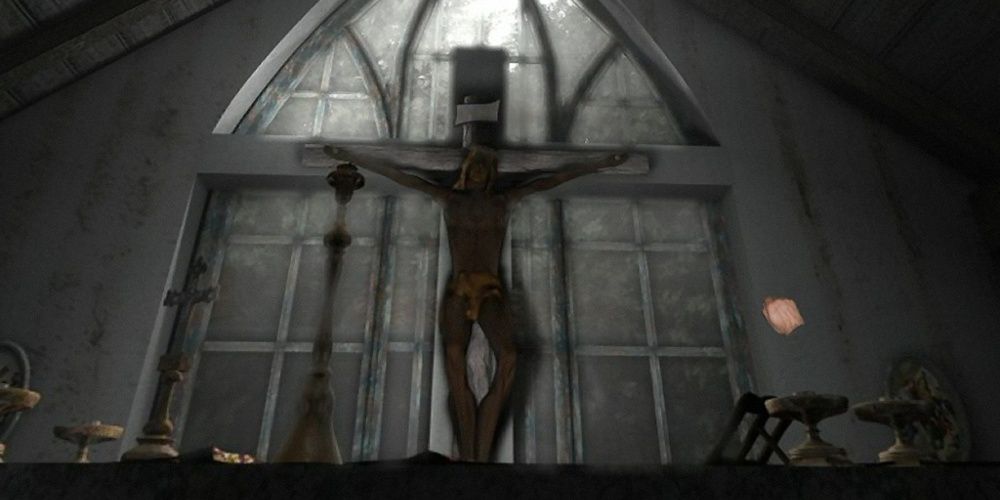 Screenshot of church interior in Scratches. 