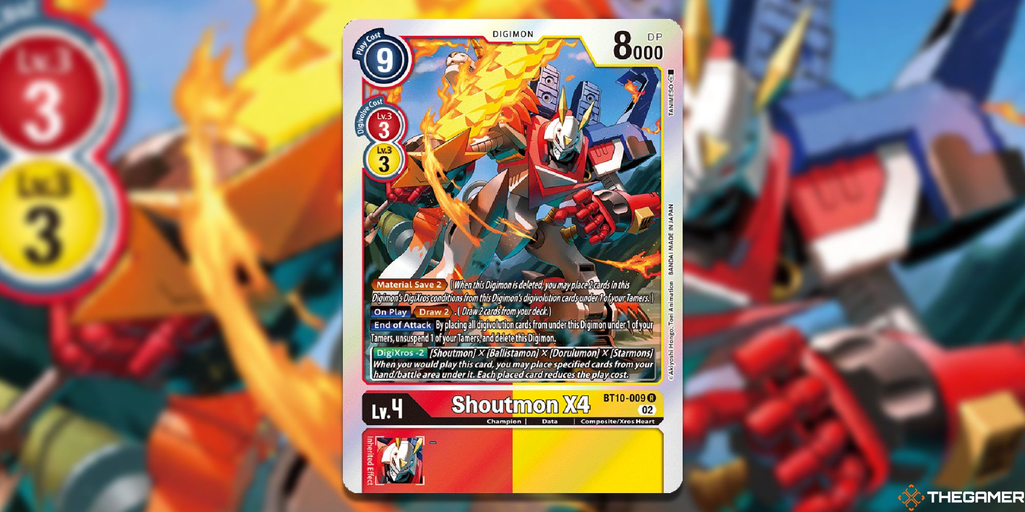 shoutmon X4 card from digimon card game with blur background