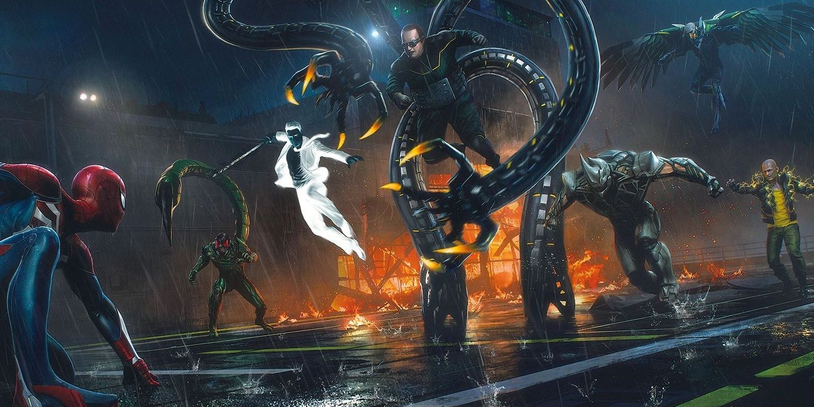 Concept art of Spider-Man facing the Sinister Six in Marvel's Spider-Man