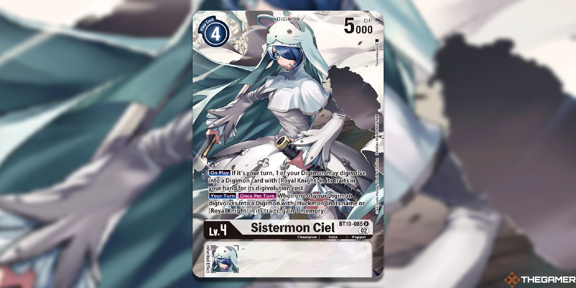 sistermon ciel bt10 card from digimon card game with blur background