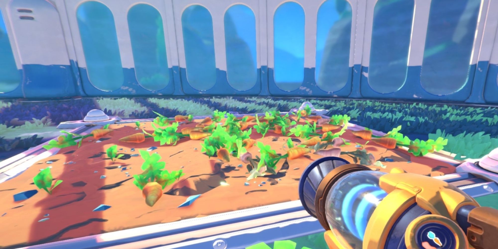 The player gardening in Slime Rancher 2