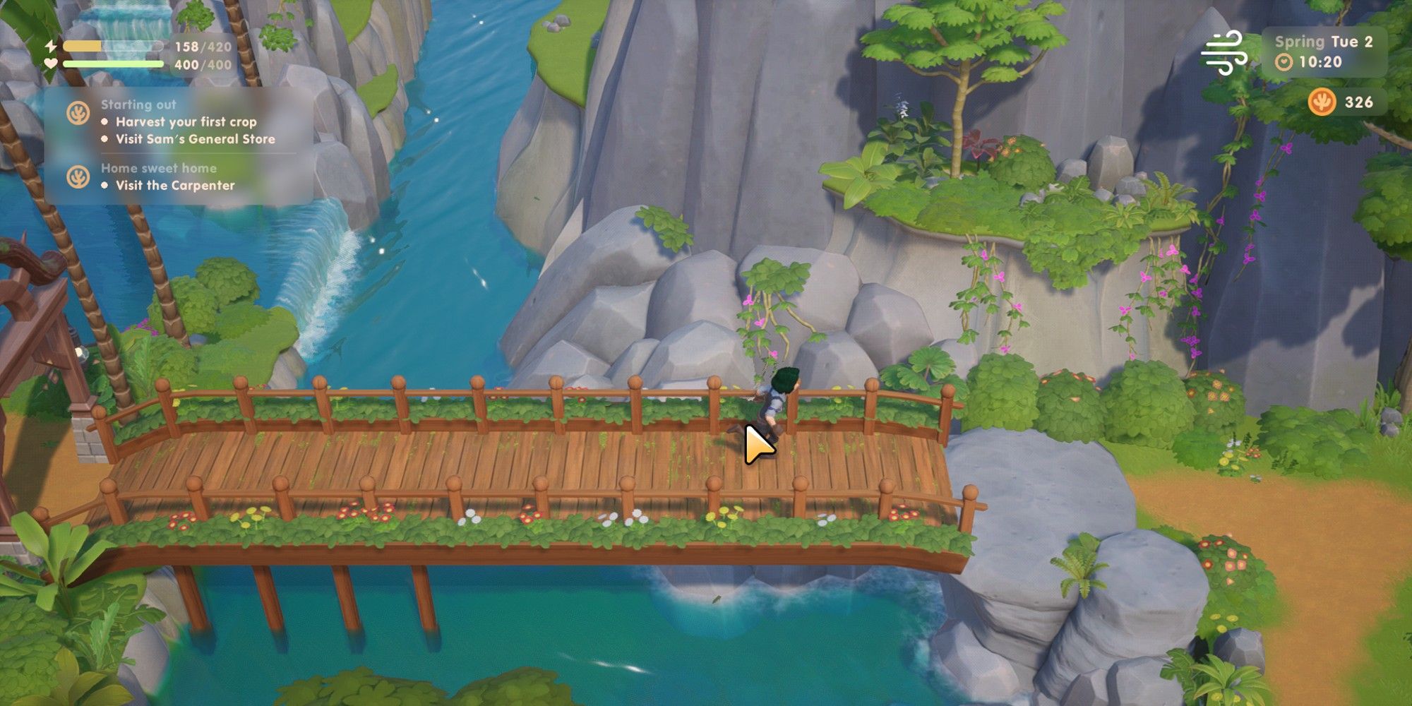 The farmer runs across the bridge outside her farm in Coral island