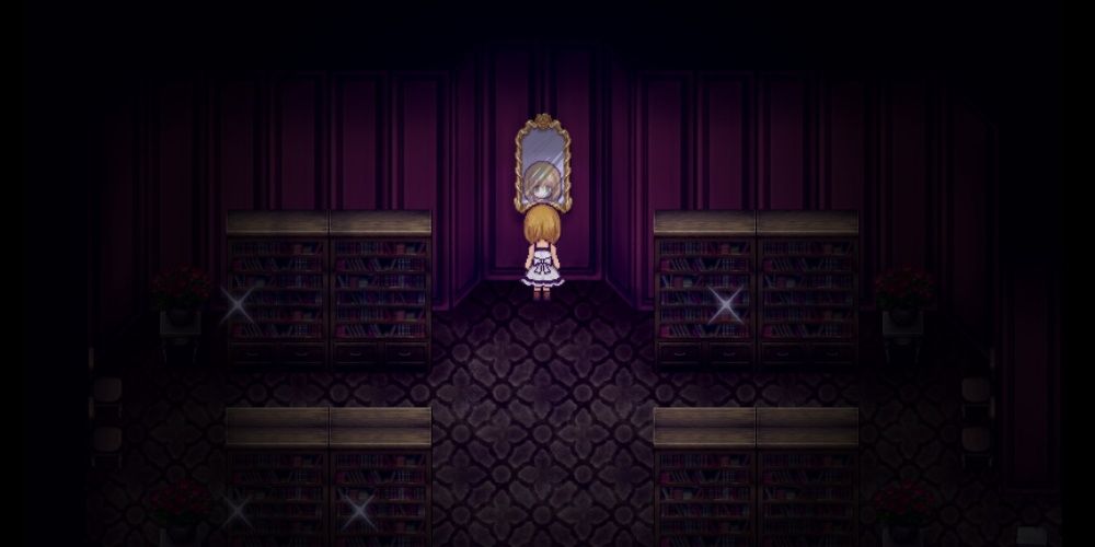 A screenshot of the Witch's House showing Viola looking in the mirror.