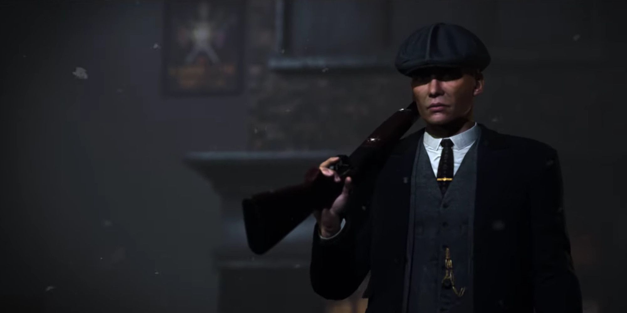 thomas shelby with a shotgun over his shoulder