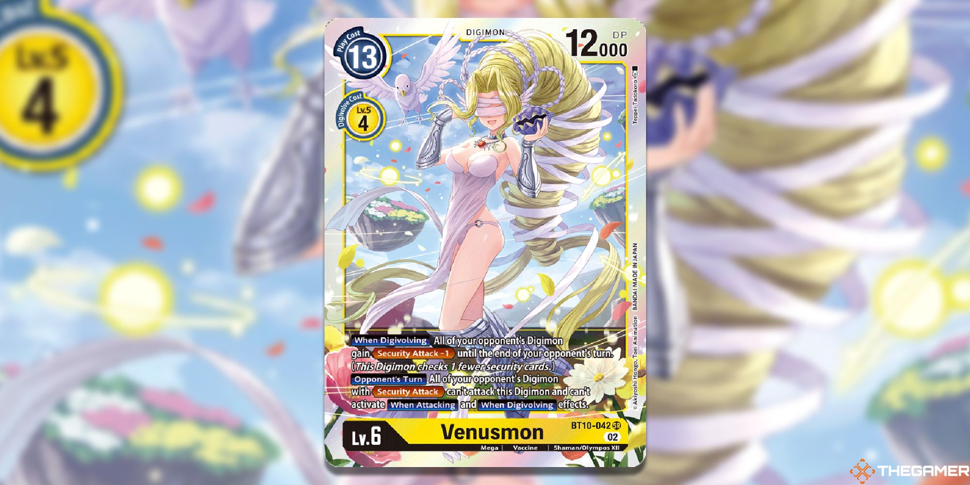 venusmon card from digimon card game with blur background