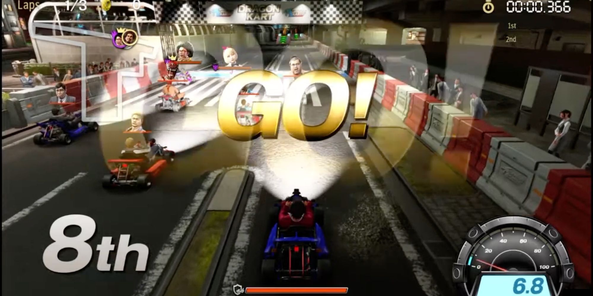 A screenshot from Yakuza: Like A Dragon, showing Ichiban starting a Dragon Kart race at night
