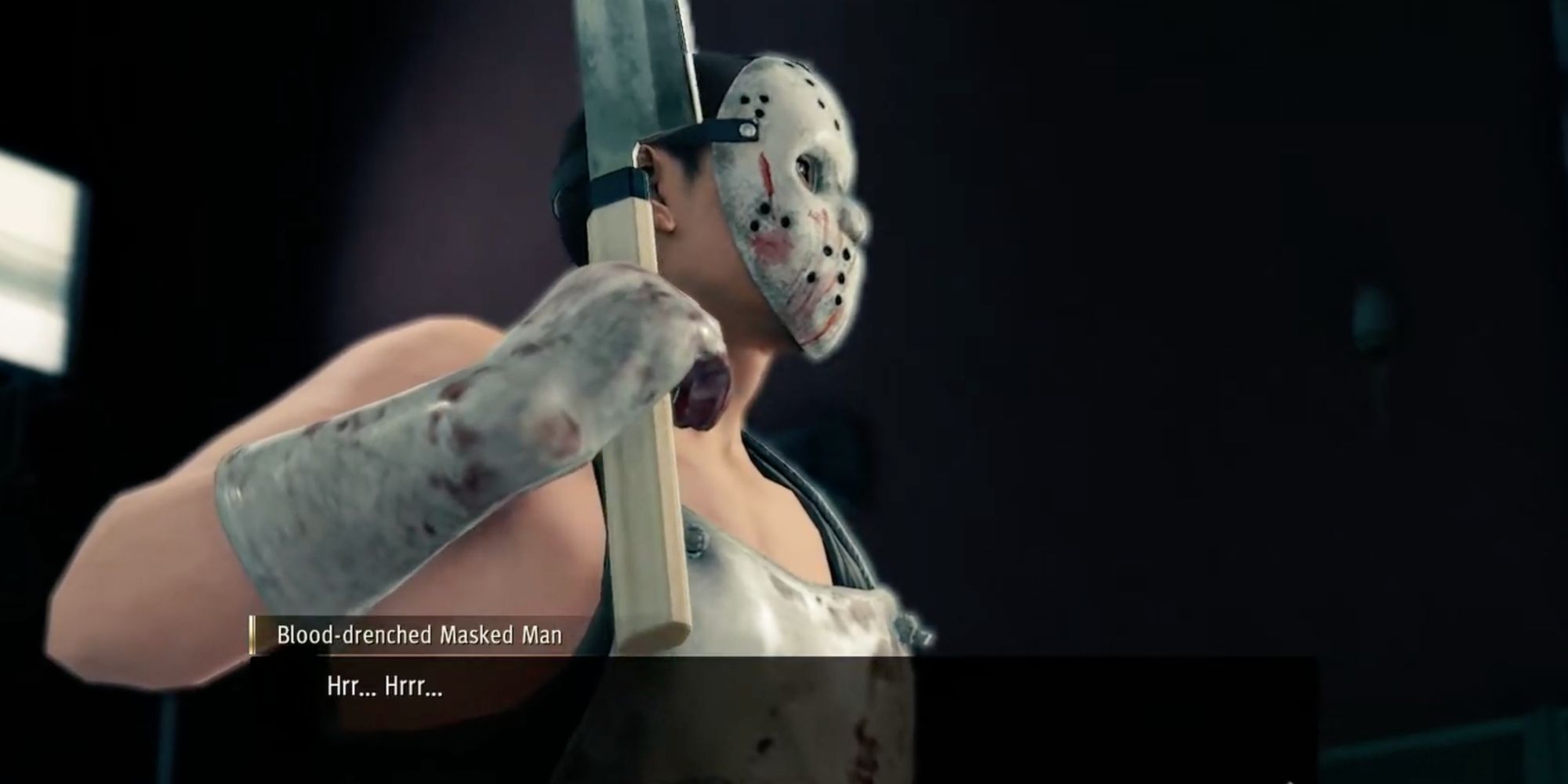 A screenshot from Yakuza: Like A Dragon, showing a blood-drenched masked man grunting while holding a large knife