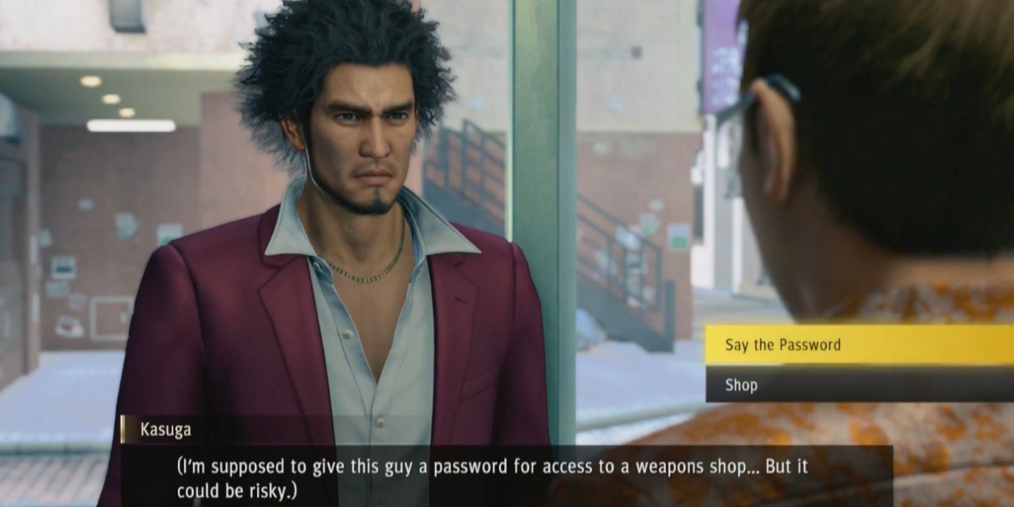 A screenshot from Yakuza: Like A Dragon, showing Ichiban debating whether or not to give a shopkeeper a secret password