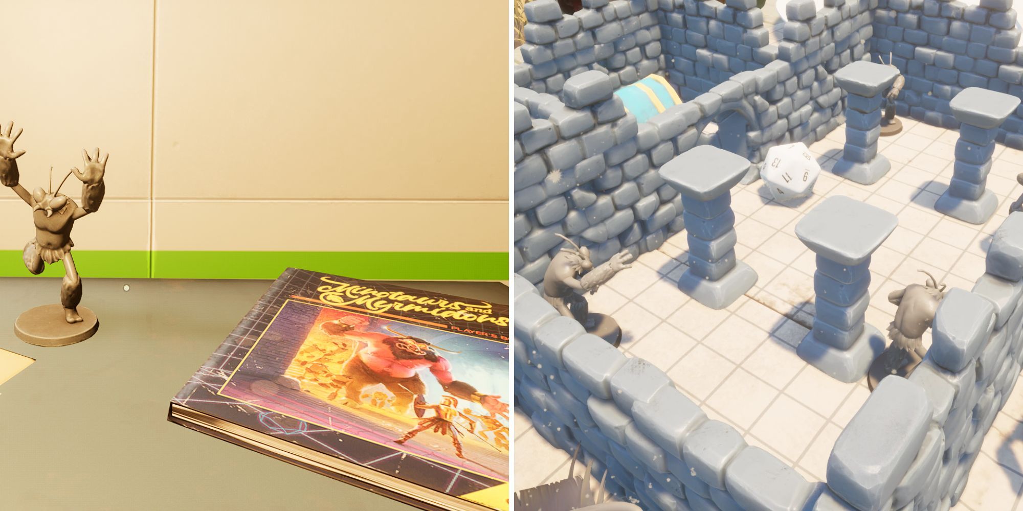 Left: A Mant playing piece and a playing book of Minotaurs and Myrmidons on a table;  Right: A Minotaur Maze board game with stone walls and pillars surrounded by a hidden treasure chest, Mant game pieces and a twenty-sided die