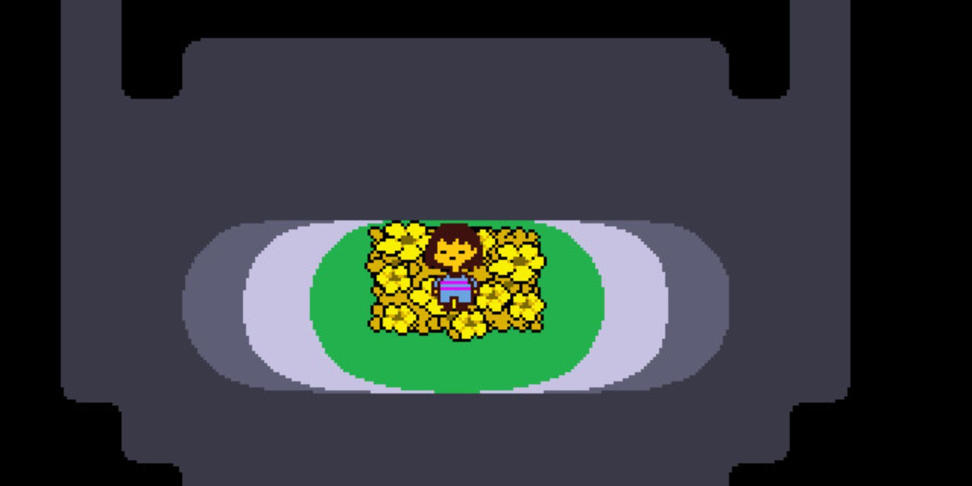 Frisk stands in the middle of a bed of yellow flowers