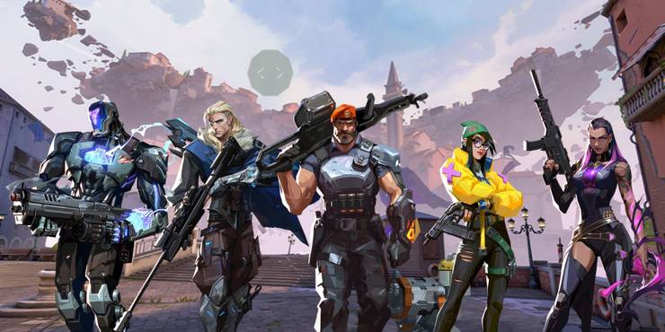 Kayo, Sova, Brimstone, Killjoy, and Reyna in front of Ascent map