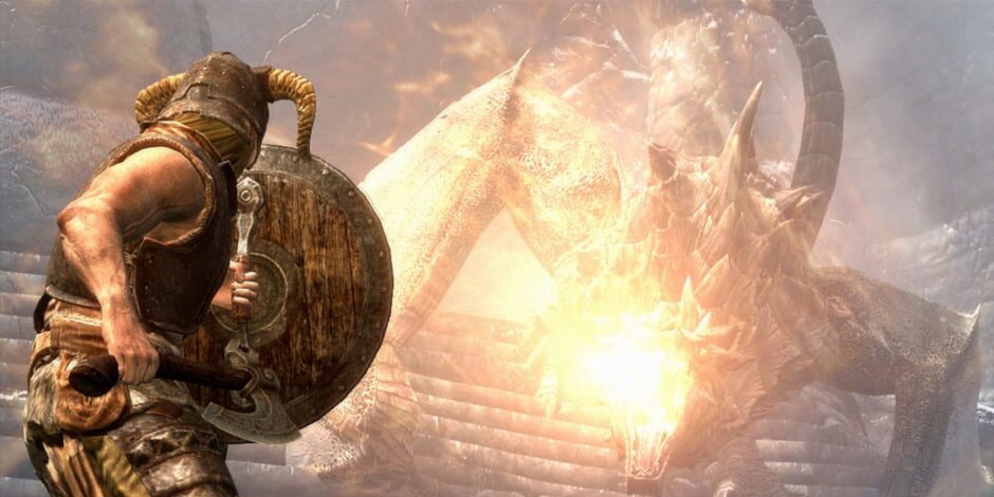 the Dragonborn holds a shield up as he faces a dragon breathing fire at him